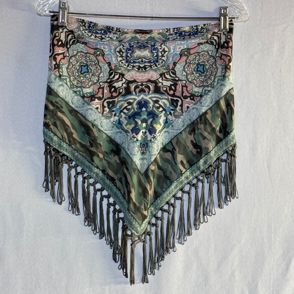 Starace Camo Paisley Fringe Skirt Womens Medium Green Multi Boho Festival Edgy